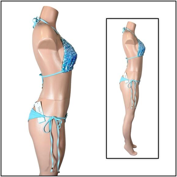 Beach Bunny Blue Icon Triangle Top & Icon Tie Side Skimpy Bottom $250 - Picture 8 of 12